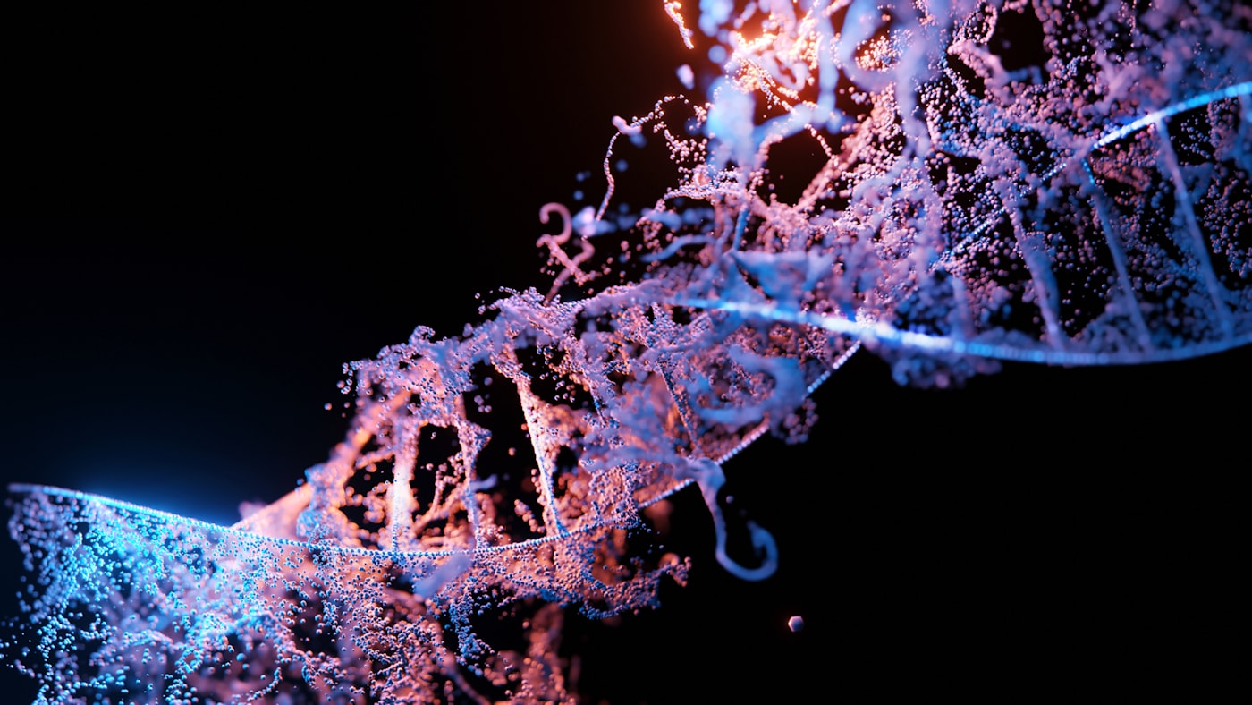 Abstract 3D DNA molecular strand visualization representing tesamorelin peptide and GHRH research